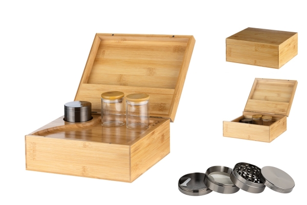 Drehtablett Bambus Storage box für Selberdreher mit Zubehör 25x21x9cm